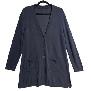 J.JILL WEAREVER NAVY BLUE RIBBED KNIT BUTTON-FRONT LONG LINES CARDIGAN SZ L